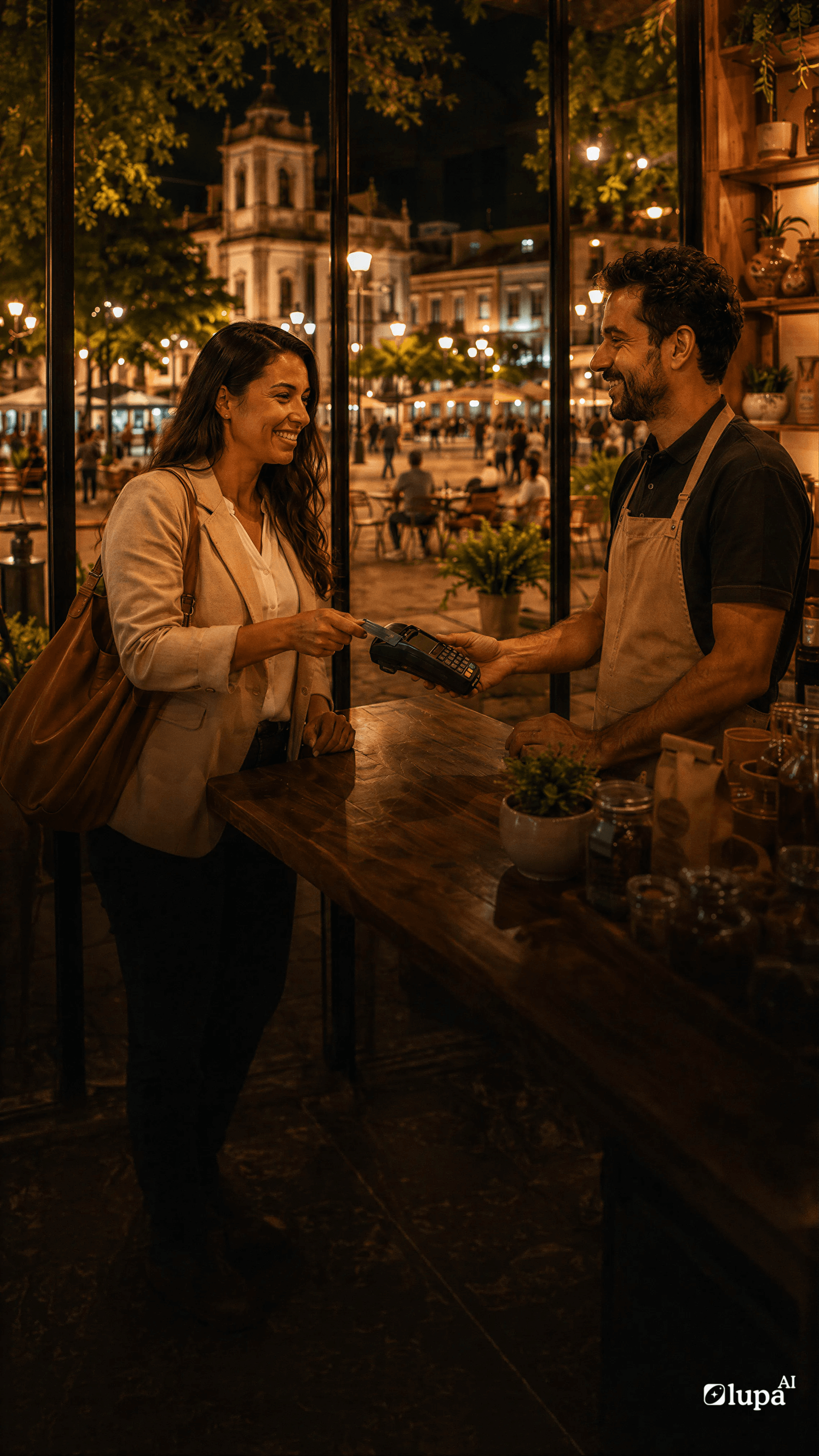Comerciante e cliente realizando um pagamento por aproximação em um comércio local